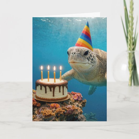 Zeeschildpad met verjaardagstaart kaart (Voorkant)