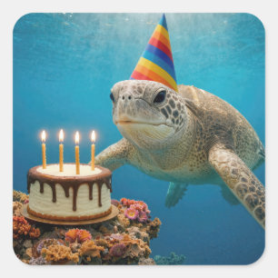 Zeeschildpad met verjaardagstaart vierkante sticker