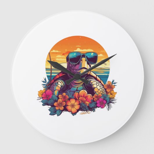 Zeeschildpad met zonnebril op het strand grote klok (Voorkant)