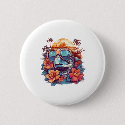 Zeeschildpad met zonnebril op het strand Kopie Ronde Button 5,7 Cm (Voorkant)