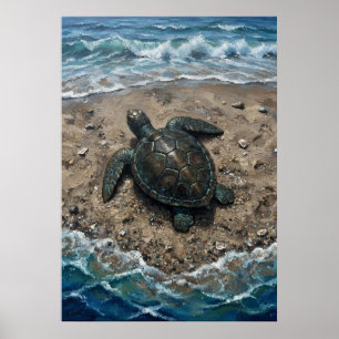 Zeeschildpad op zandstrand Oceaan Golf Olie Schild Poster