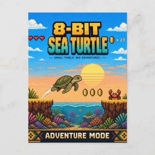Zeeschildpad, Retro 8-Bit Pixelkunst Briefkaart (Voorkant)