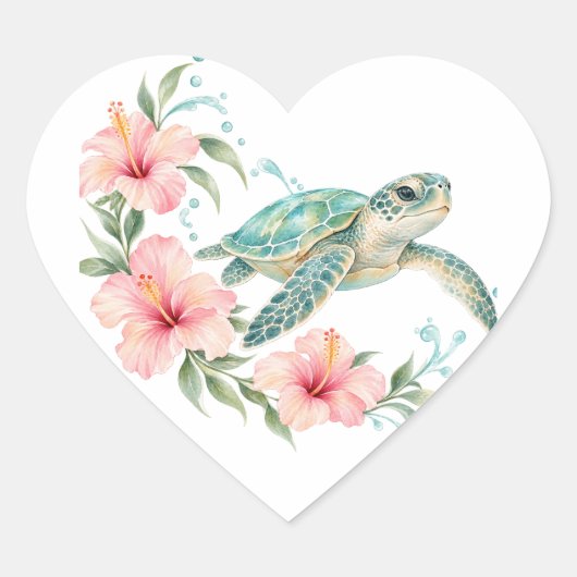 Zeeschildpad & Roze Hibiscus Hart Sticker (Voorkant)