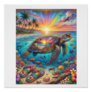 Zeeschildpad Tropische Zonsondergang Regenboog Str Perfect Poster