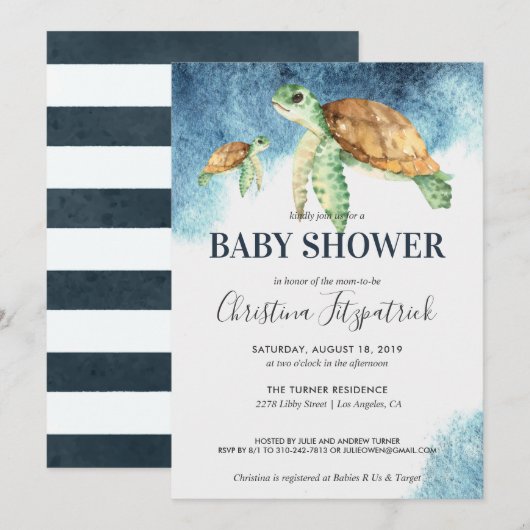 Zeeschildpad | Uitnodiging voor babyfeestje (Voorkant / Achterkant)