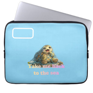 Zeeschildpad Vast in Visnet en Plasticvervuiling Laptop Sleeve