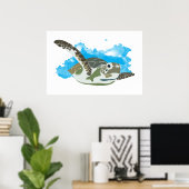 Zeeschildpad zwemt in waterverf ontwerp poster (Thuiskantoor)