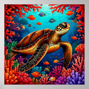 🐢 Zeeschildpad zwemt over koraalrif Muurdecoratie Poster