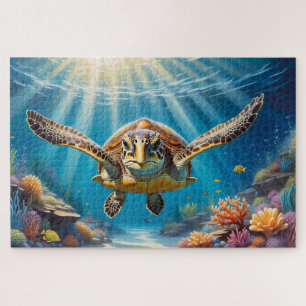 Zeeschildpad zwemt over koraalrif onder water legpuzzel