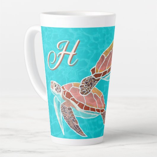 Zeeschildpadden Aqua Monogram Illustratie Latte Mok (Linkerhoek)