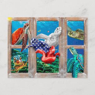 Zeeschildpadden die de deurdecoratie binnenzwemmen briefkaart