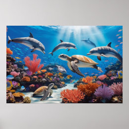 Zeeschildpadden en dolfijnen in een kleurrijke kor poster