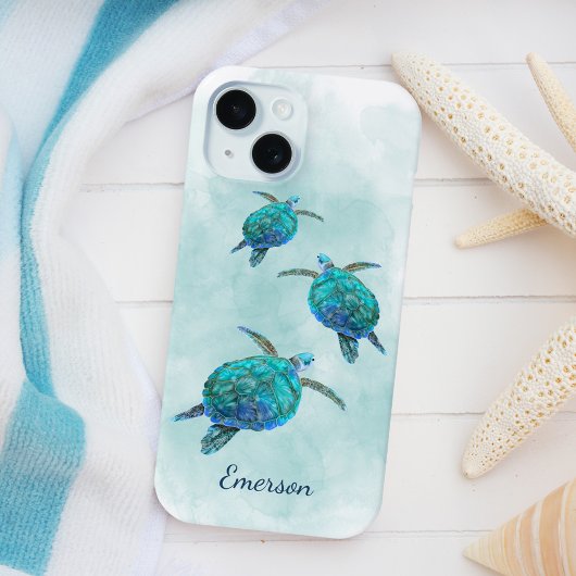Zeeschildpadden Watercolor Kust Naam iPhone 15 Case
