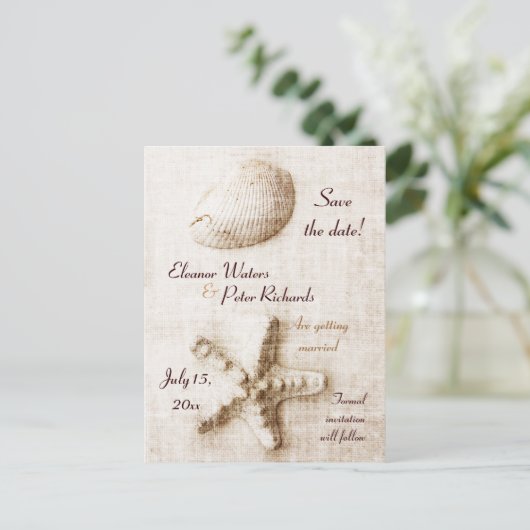 zeeschok en  strandbruiloft aankondigingskaart (Staand voorkant)