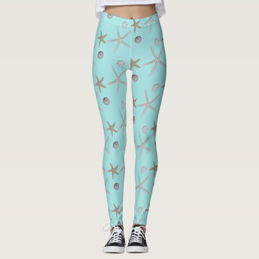 Zeescholen en zeesterren op blauwgroen leggings (Voorkant)