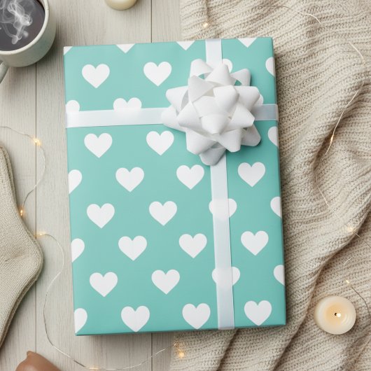 Zeeschuim Blauw/Groen Met Wit Hart Patroon Cadeaupapier