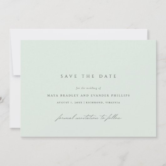 Zeeschuim | Eenvoudige Elegante Lichtgroene Bruilo Save The Date (Voorkant)
