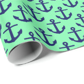 Zeeschuim groen en marine blauw ankers patroon cadeaupapier (Rol Hoek)