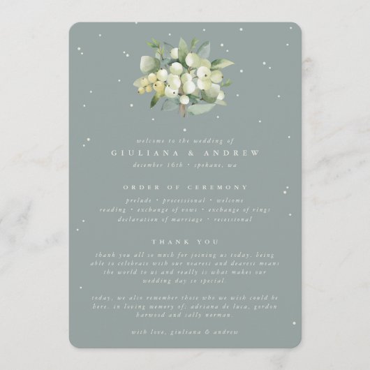 Zeeschuim Groene Snowberry+Eucalyptus Boeket Bruil Programmakaart (Voorkant)