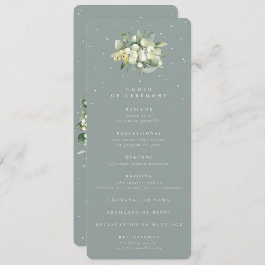 Zeeschuim Groene Snowberry+Eucalyptus Boeket Bruil Programmakaart (Voorkant / Achterkant)