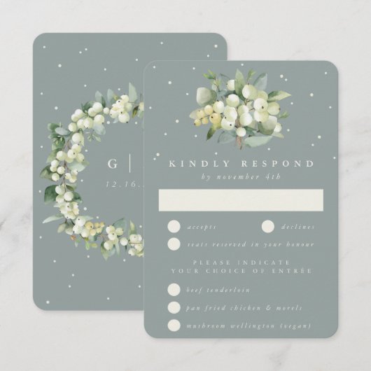 Zeeschuim Groene Snowberry+Eucalyptus Boeket Bruil RSVP Kaartje (Voorkant / Achterkant)