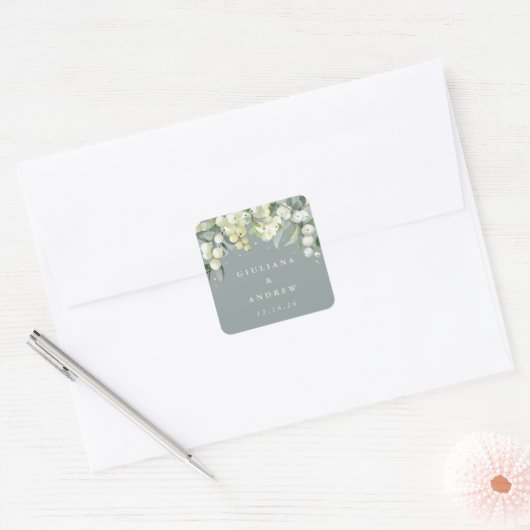 Zeeschuim Groene Snowberry+Eucalyptus Bruiloft Vierkante Sticker (Envelop)