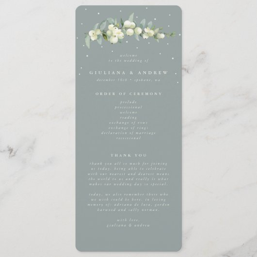 Zeeschuim Groene Snowberry + Eucalyptus Stamhuweli Programmakaart (Voorkant)