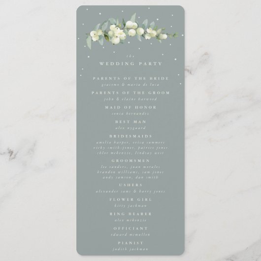 Zeeschuim Groene Snowberry + Eucalyptus Stamhuweli Programmakaart (Achterkant)