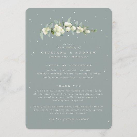 Zeeschuim Groene Snowberry + Eucalyptus Stamhuweli Programmakaart (Voorkant)