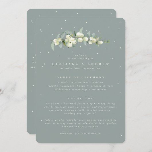 Zeeschuim Groene Snowberry + Eucalyptus Stamhuweli Programmakaart (Voorkant / Achterkant)