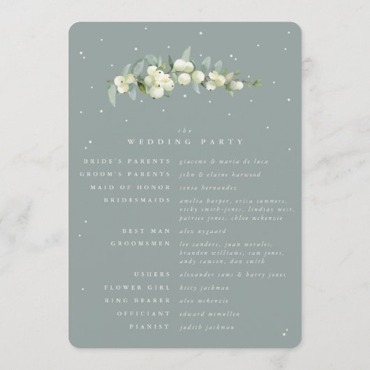 Zeeschuim Groene Snowberry + Eucalyptus Stamhuweli Programmakaart (Achterkant)