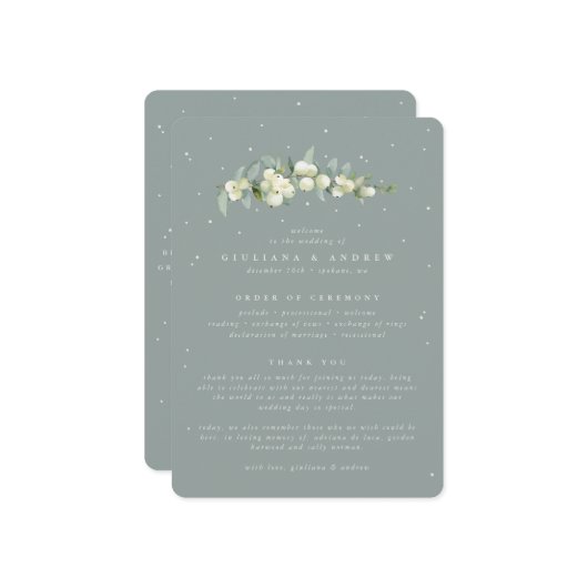 Zeeschuim Groene Snowberry + Eucalyptus Stamhuweli Programmakaart (Voorkant / Achterkant in situ)