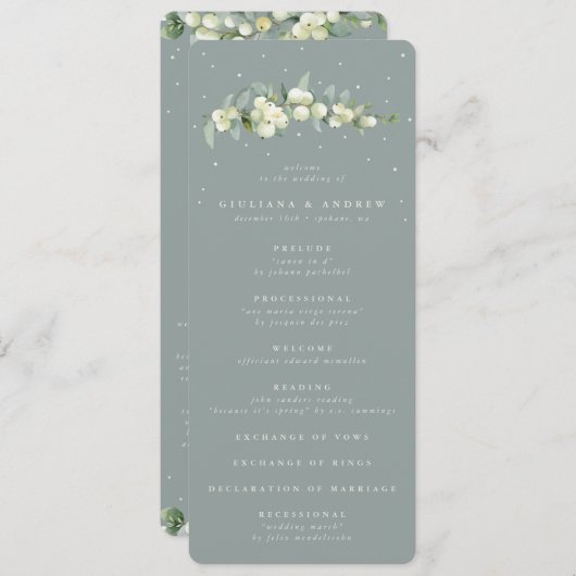 Zeeschuim Groene Snowberry + Eucalyptus Stamhuweli Programmakaart (Voorkant / Achterkant)