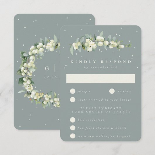 Zeeschuim Groene Snowberry + Eucalyptus Stamhuweli RSVP Kaartje (Voorkant / Achterkant)