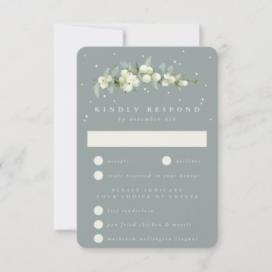 Zeeschuim Groene Snowberry + Eucalyptus Stamhuweli RSVP Kaartje (Voorkant)