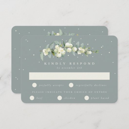 Zeeschuim Groene Snowberry + Eucalyptus Stamhuweli RSVP Kaartje (Voorkant / Achterkant)