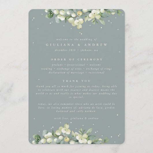 Zeeschuim Groene Snowberry + Eucalyptus Winter Bru Programmakaart (Voorkant)