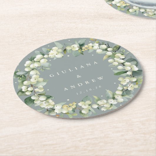 Zeeschuim Groene Snowberry + Eucalyptus Winter Bru Ronde Kartonnen Onderzetter (Gebogen)