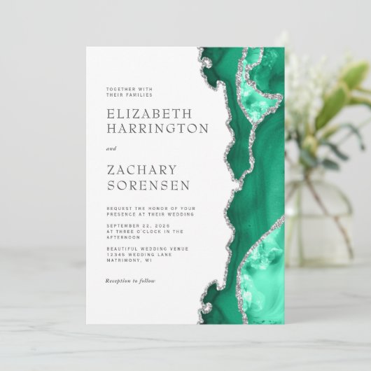 Zeeschuim Groene Zilveren Agaat Bruiloft Kaart (Staand voorkant)