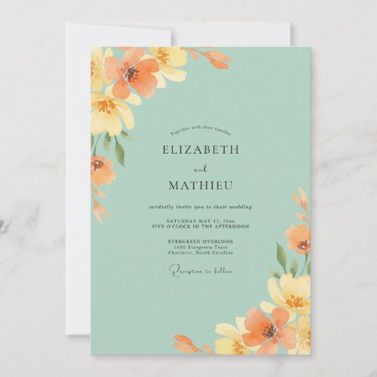 Zeeschuim Oranje Wilde Bloemen Bruiloft Kaart (Voorkant)