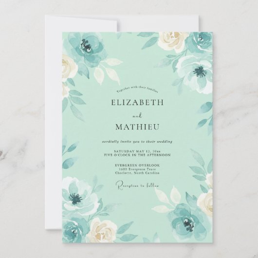 Zeeschuim Teal Bloem Bruiloft Kaart (Voorkant)