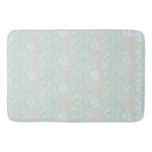 Zeeshells Beach Seaside Blue White Damask Patroon Badmat (Voorkant)