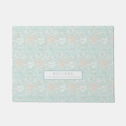 Zeeshells Beach Seaside Blue White Damask Patroon Deurmat (Voorkant)