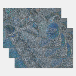Zeeshells in de oceaanbek Blauwe Metallic Ontkoppe Inpakpapier Vel