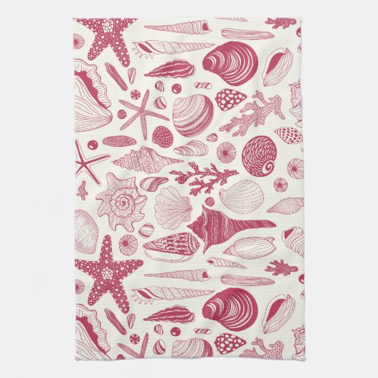 Zeeshells in Viva Magenta - Kleur van het jaar 202 Theedoek (Verticaal)