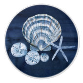 Zeeshells marineblauw Rustisch hout Keramische Knop (Voorkant)
