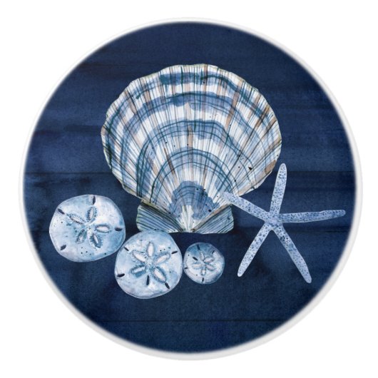 Zeeshells marineblauw Rustisch hout Keramische Knop (Voorkant)