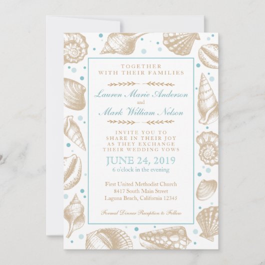 Zeeshells Nautical Beach Wedding Aqua/Tan Kaart (Voorkant)