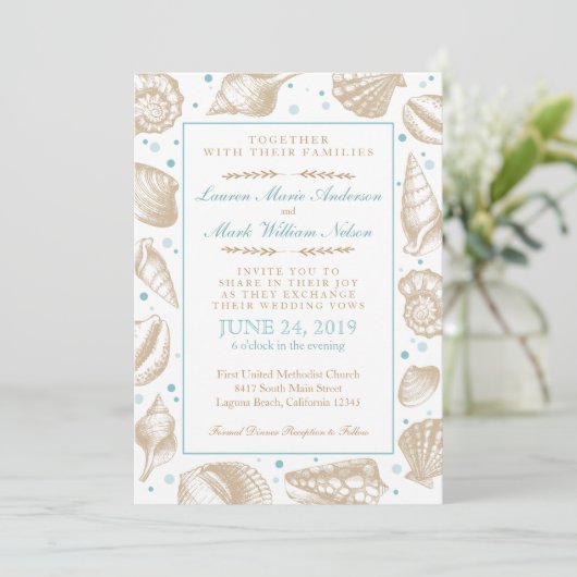 Zeeshells Nautical Beach Wedding Aqua/Tan Kaart (Staand voorkant)