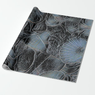 Zeeshells Ocean Beach Pastel Blue Black ontkoppeli Cadeaupapier